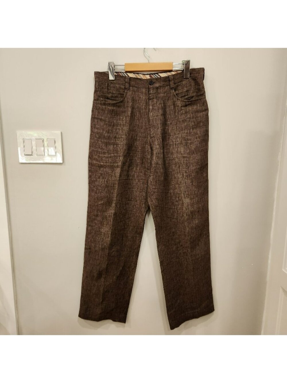Vintage Tallia 100% Linen Pants Mens 33x31 Brown Flat Front 5 Pocket